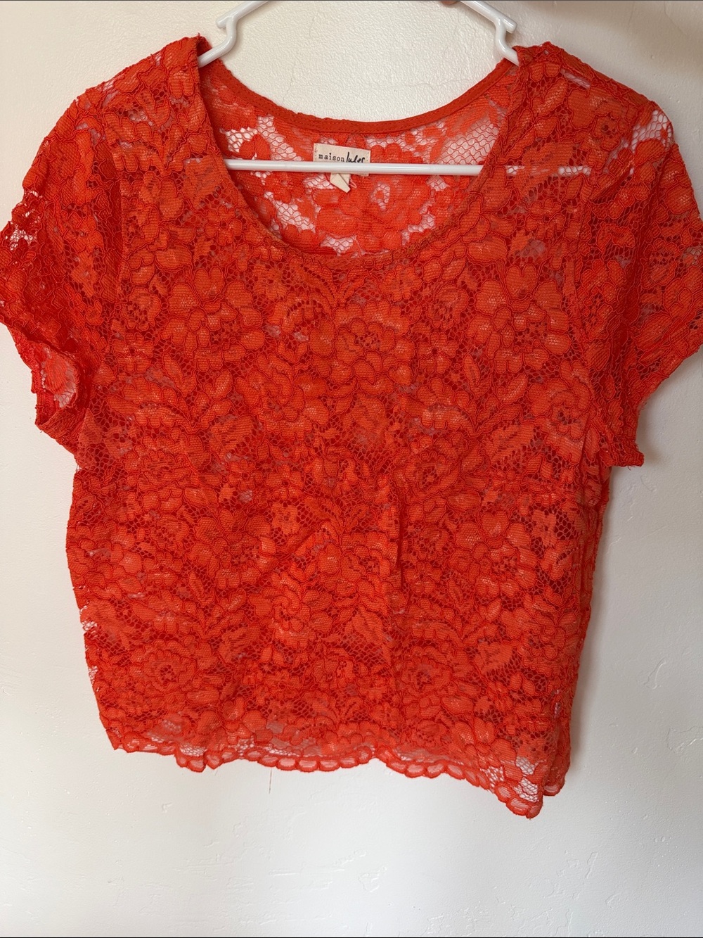 Maison Jules Orange Floral Lace Short Sleeve Top